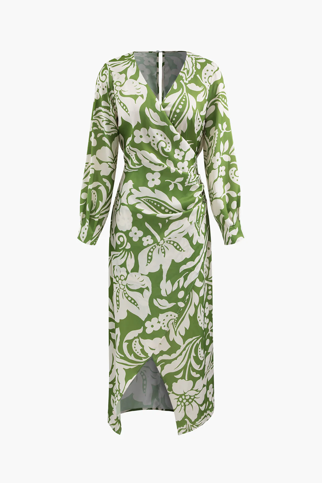 Floral Print V-Neck Asymmetrical Ruched Long Sleeve Maxi Dress - Weenar