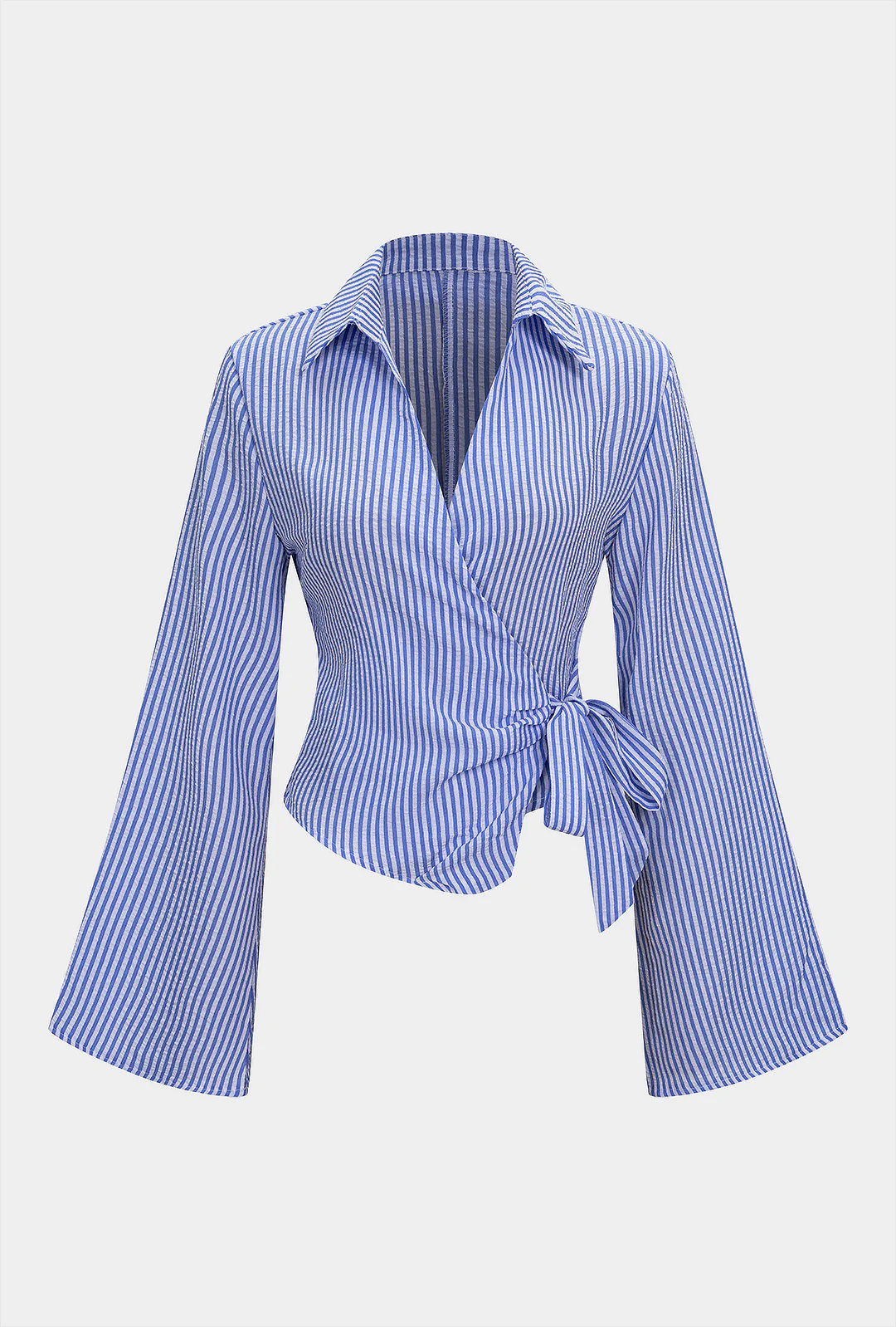 Stripes Print V-Neck Tie-Up Long-Sleeve Shirt - Weenar