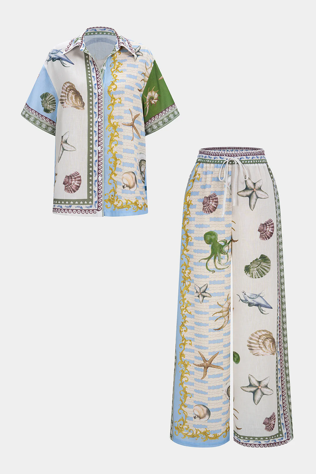 Ocean Print Satin Button Short Sleeve Shirt And Shirred Waistband Wide Leg Pants Set - Weenar