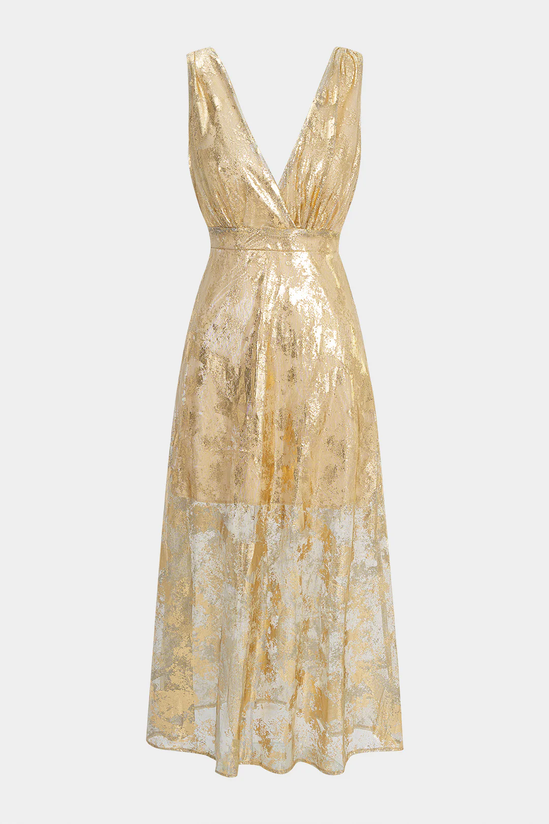 Metallic Print Deep V-Neck Slip Long Sleeve Maxi Dress - Weenar