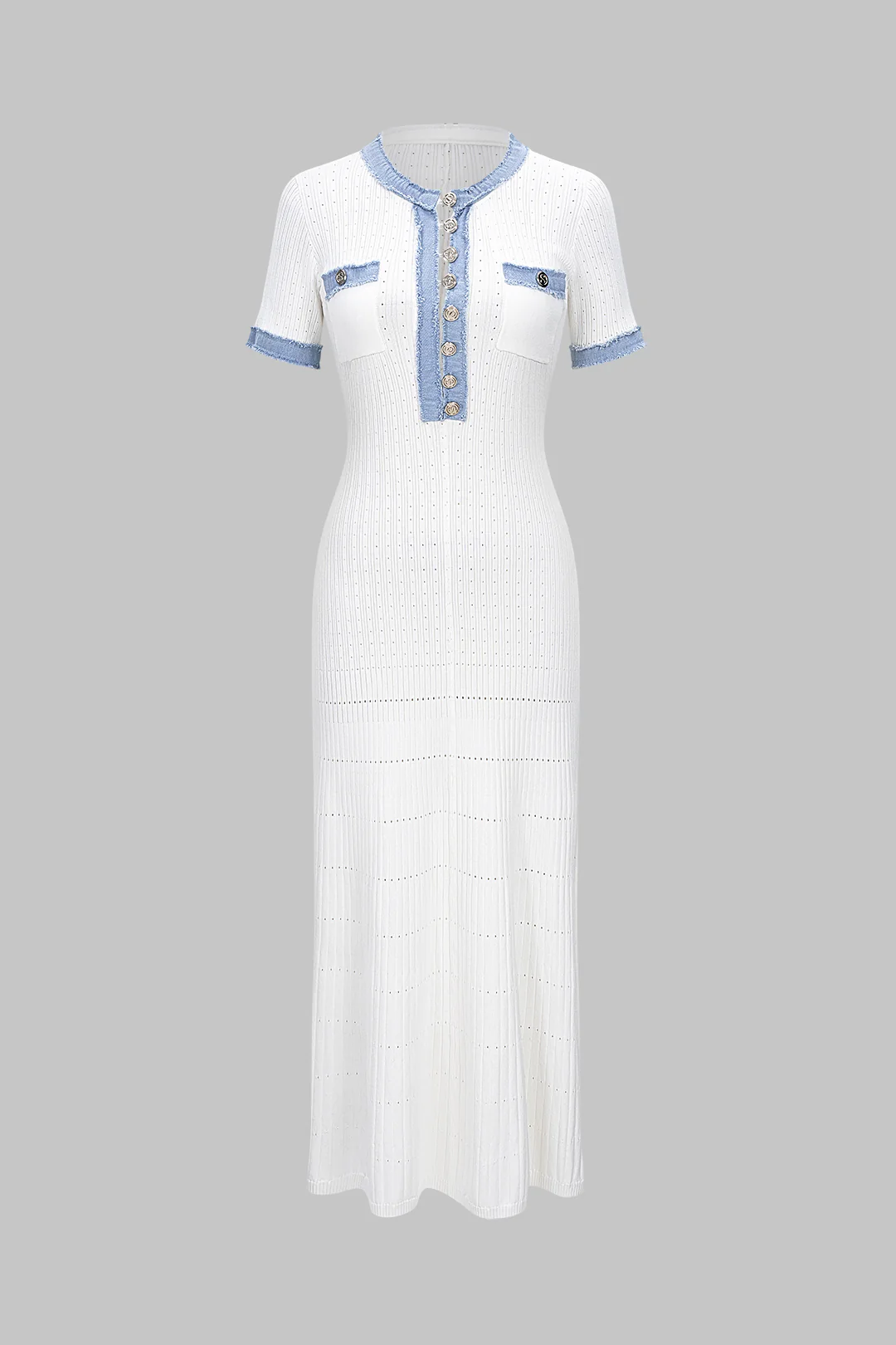 Knit Patchwork Frayed Button Short Sleeve Dress - Weenar