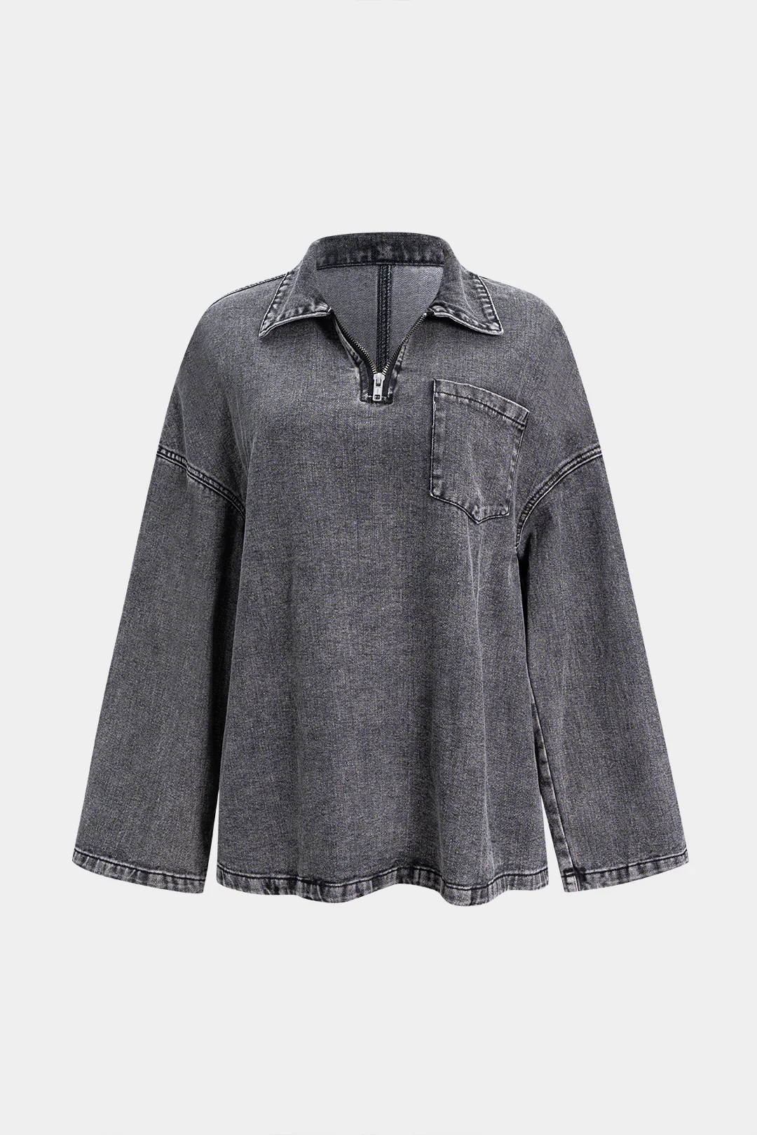 Denim Zipper Long Sleeve T-Shirt - Weenar