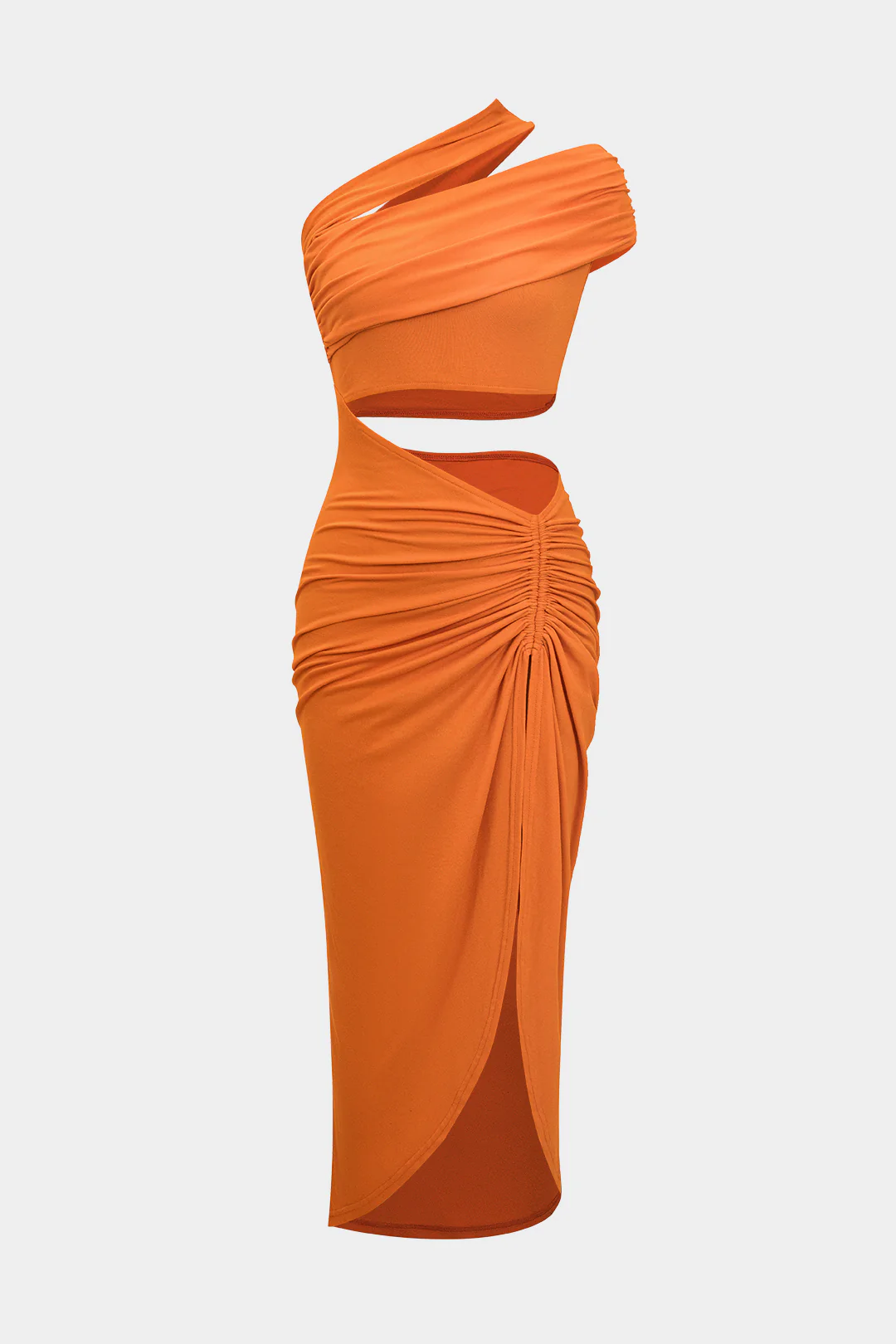 Ruched Asymmetrical Cut Out Slit Midi Dress - Weenar