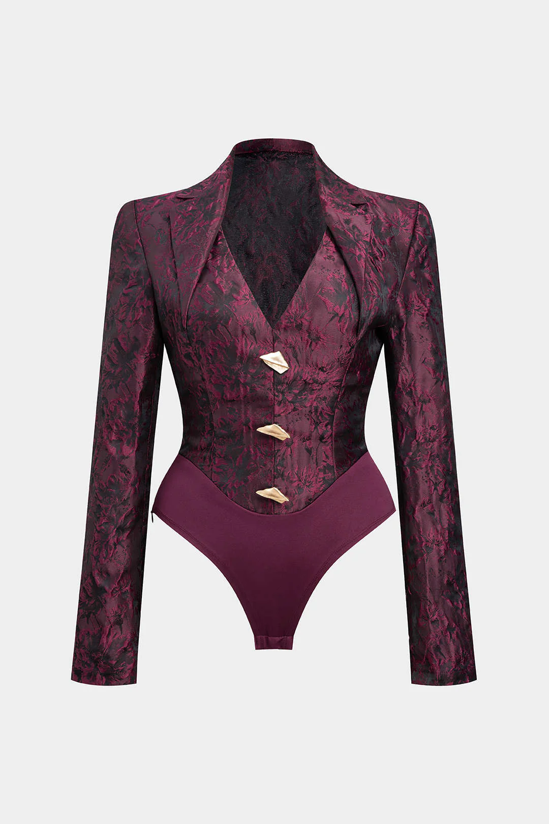 Floral Print Jacquard Notched Lapel Long Sleeve Bodysuit - Weenar
