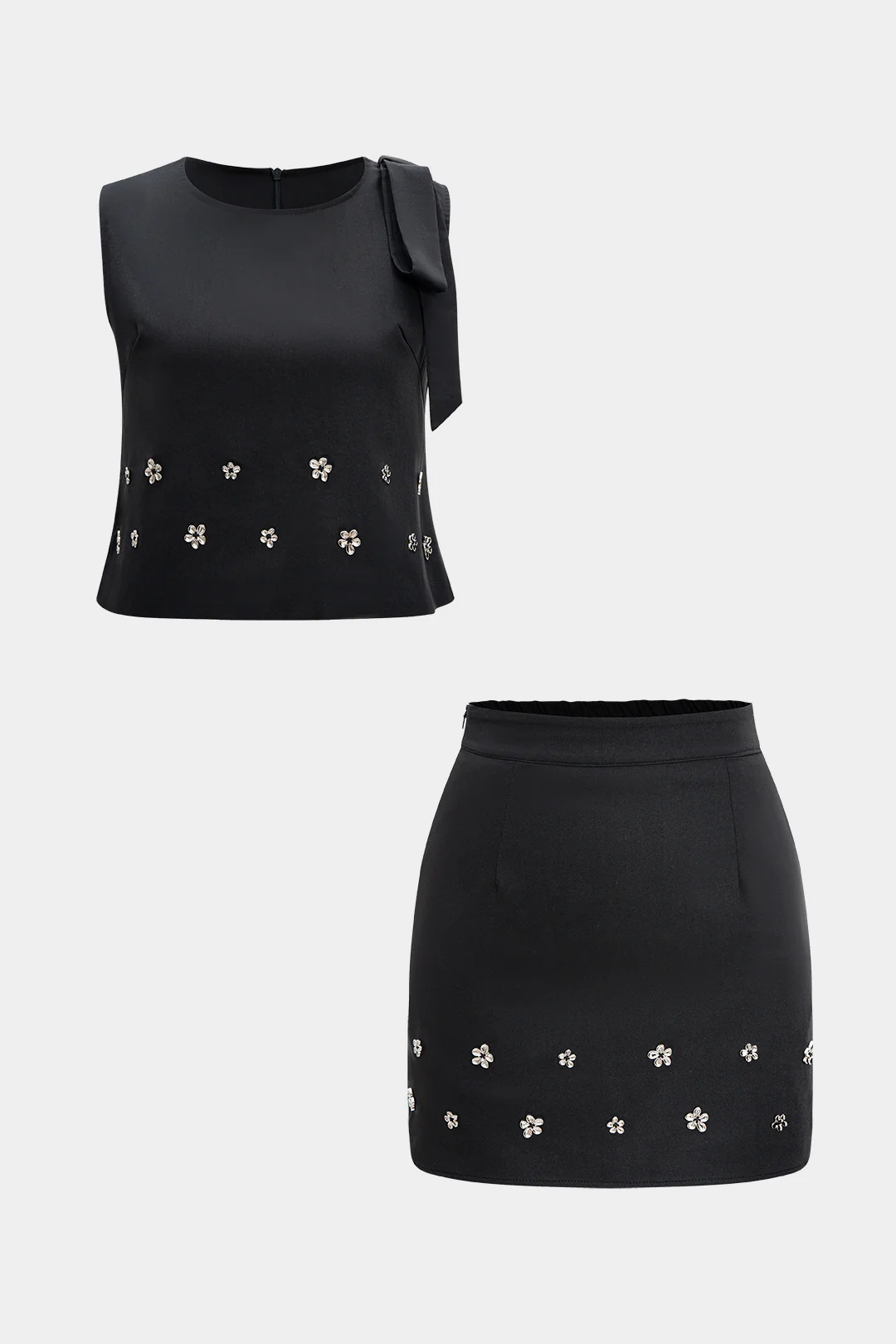 Metallic Decor Tank Top Sleeveless And High-Waisted Mini Skirt Set - Weenar