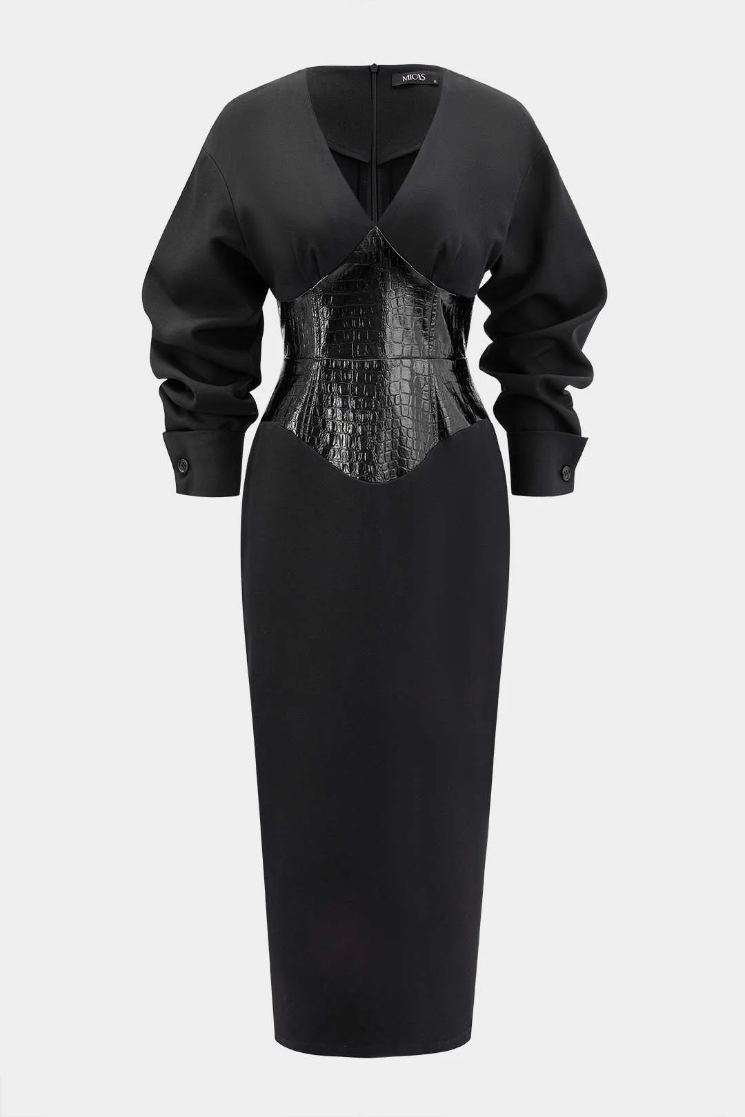 Crocodile Print Faux Leather Patchwork Long Sleeve Maxi Dress - Weenar