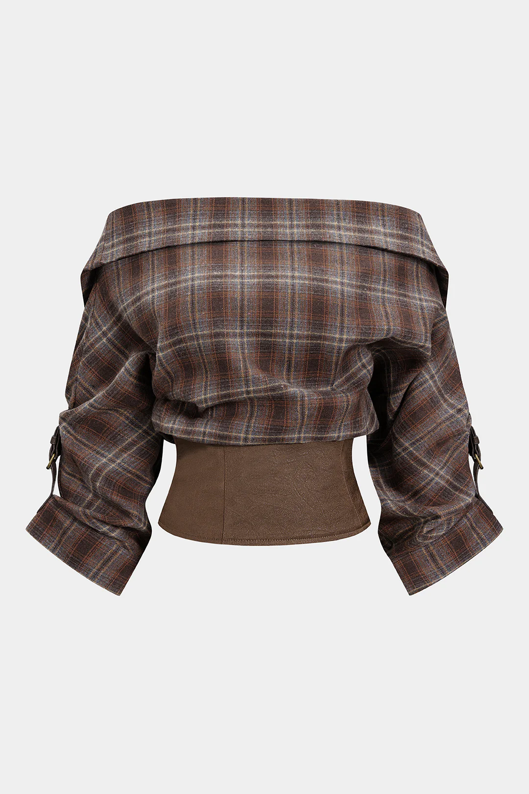 Plaid Print Satin Patchwork Off Shoulder Zipper Long-Sleeve Shirt - Weenar