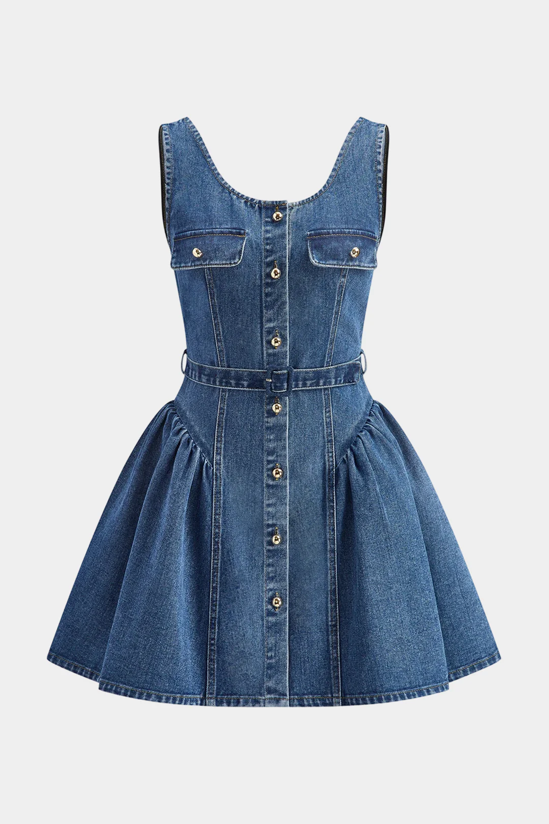 Denim Metallic Button Ruched Square Neck Sleeveless Dress - Weenar