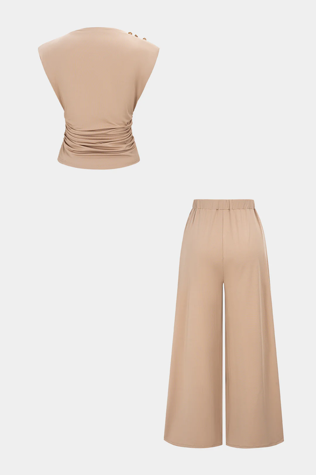 Solid Ruched Tank Top And Wide Leg Pants Set - Weenar
