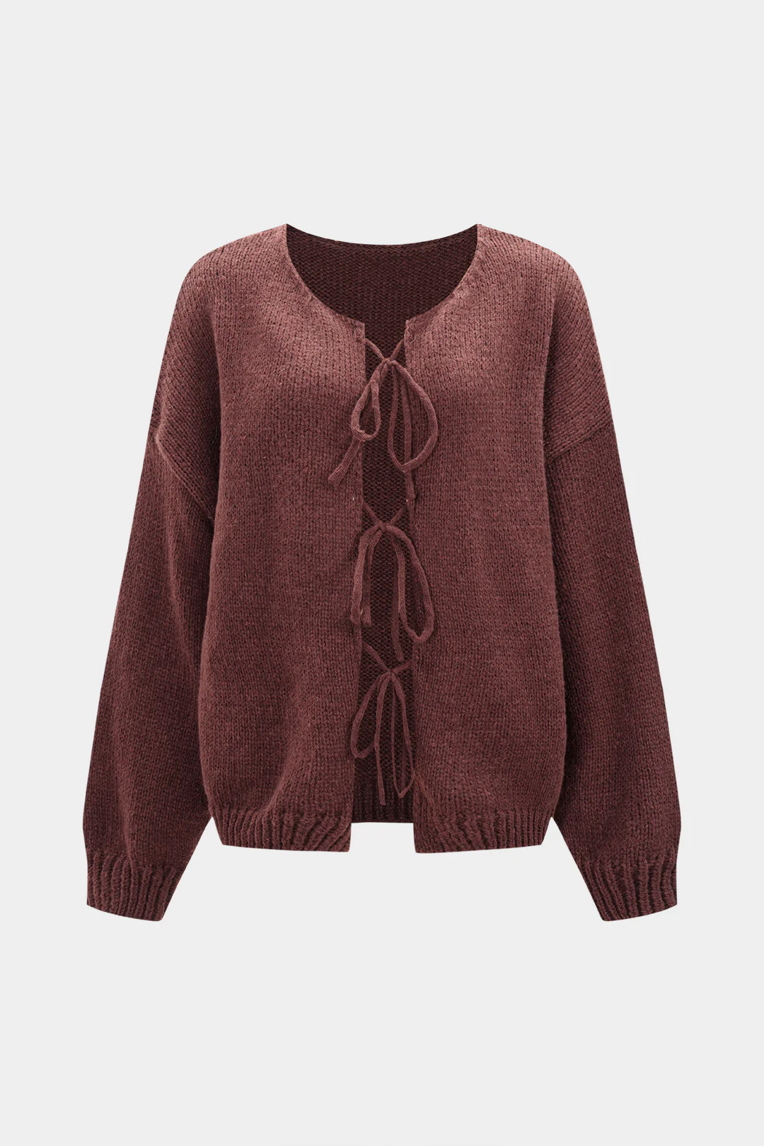 Knit Round Neck Tie-Up Cardigan - Weenar