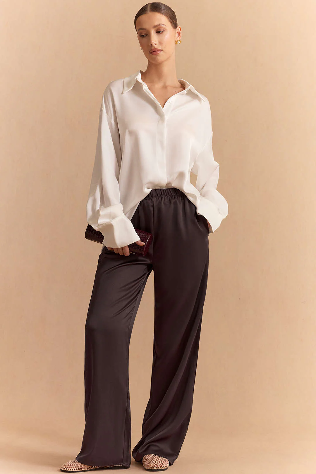 Satin High Waist Straight Leg Pants - Weenar