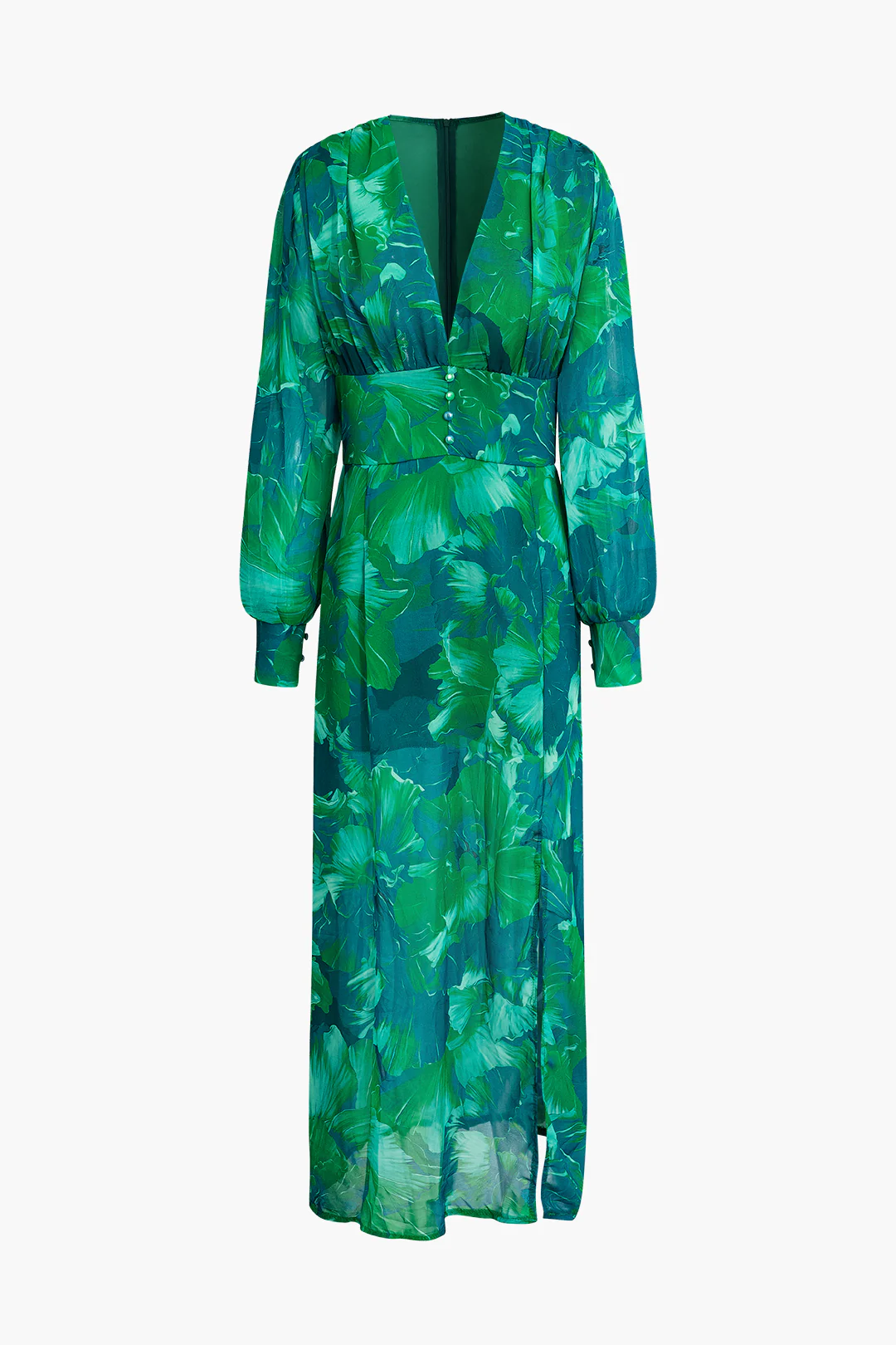 Chiffon Ombre Floral Print V-Neck Long Sleeve Slit Maxi Dress - Weenar