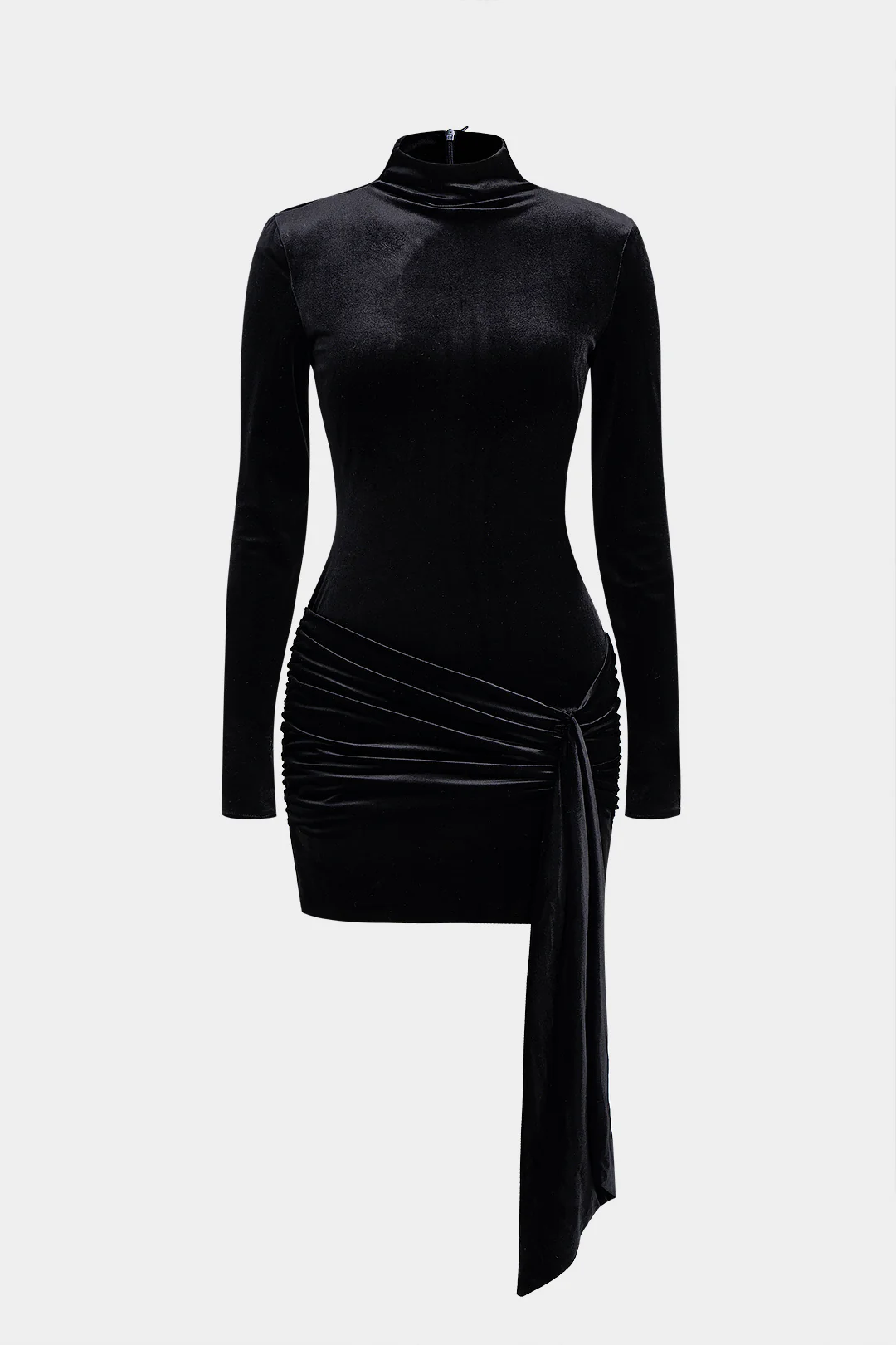 Mock Neck Velvet Ruched Zipper Long Sleeve Mini Dress - Weenar