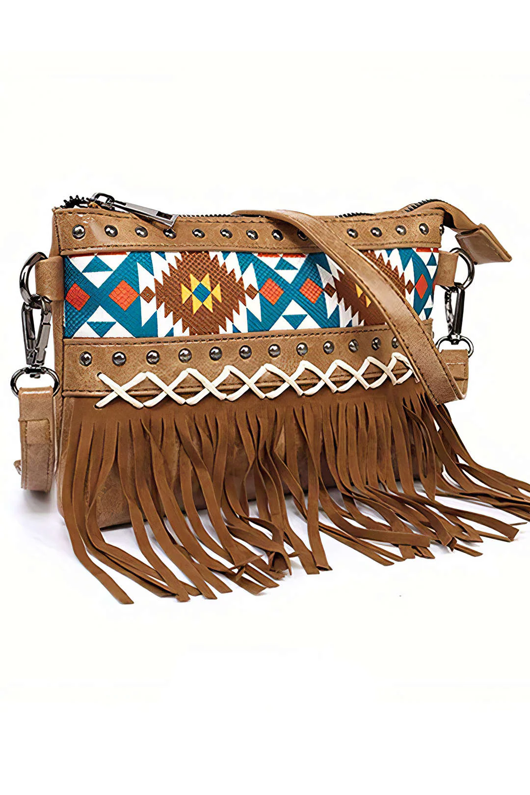 Retro Print Canvas Fringe Cross-Body Bag - Weenar