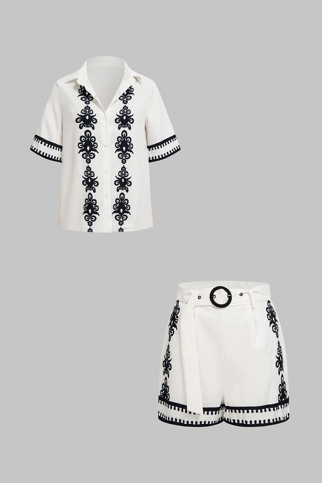 Contrast Print Button Short Sleeve Shirt And Belted Shorts Set - Weenar