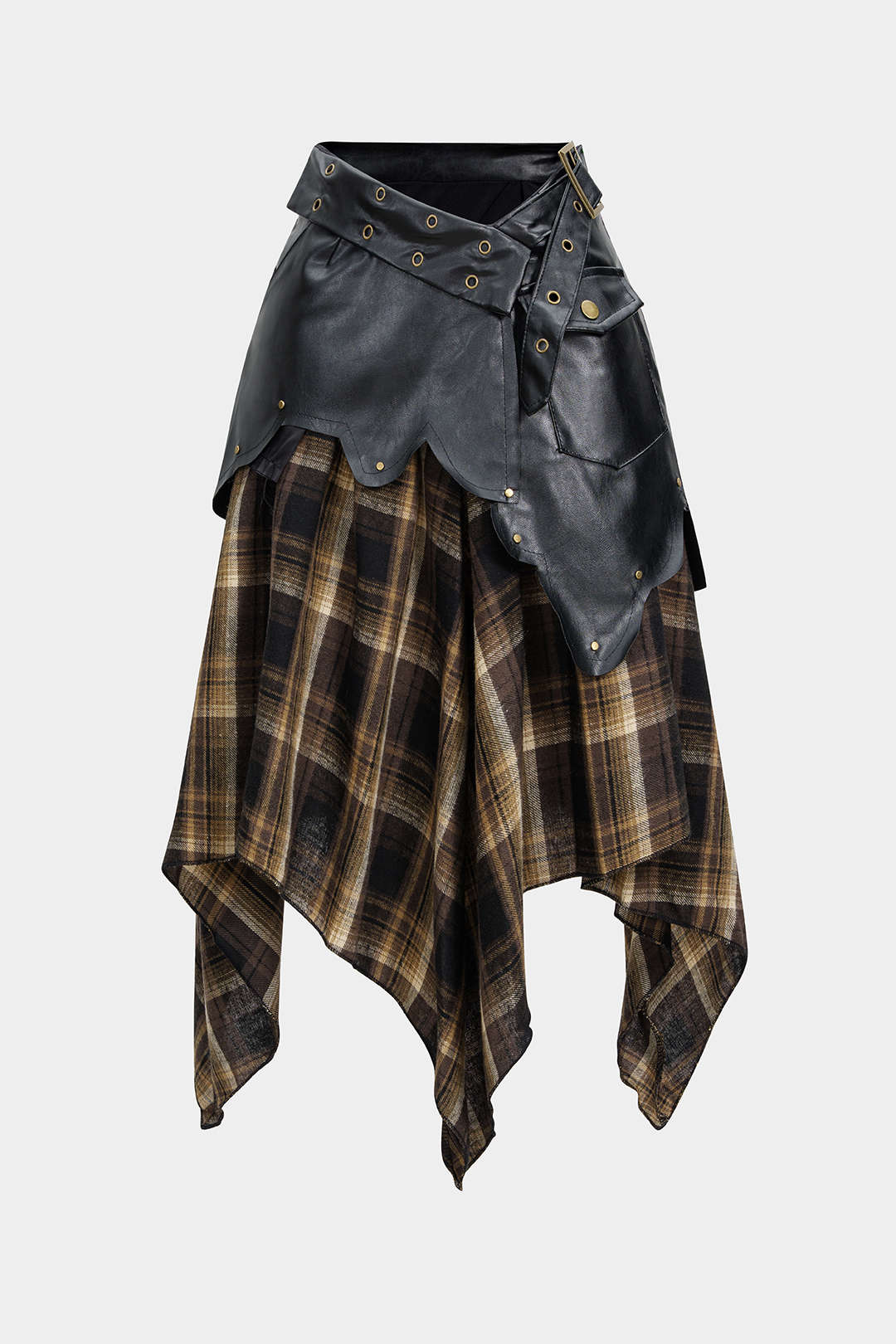 Color Block Plaid Print Faux Leather Patchwork Tie-Up Asymmetrical Pocket Skirt - Weenar