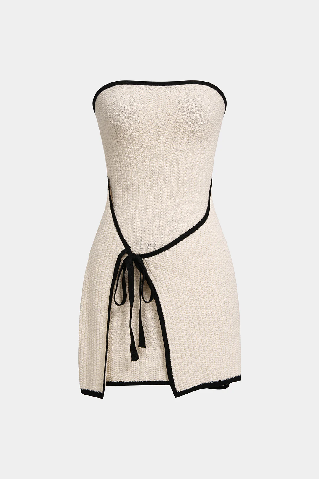 Knit Contrast Binding Wrap Tie-Up Strapless Sleeveless Mini Dress - Weenar