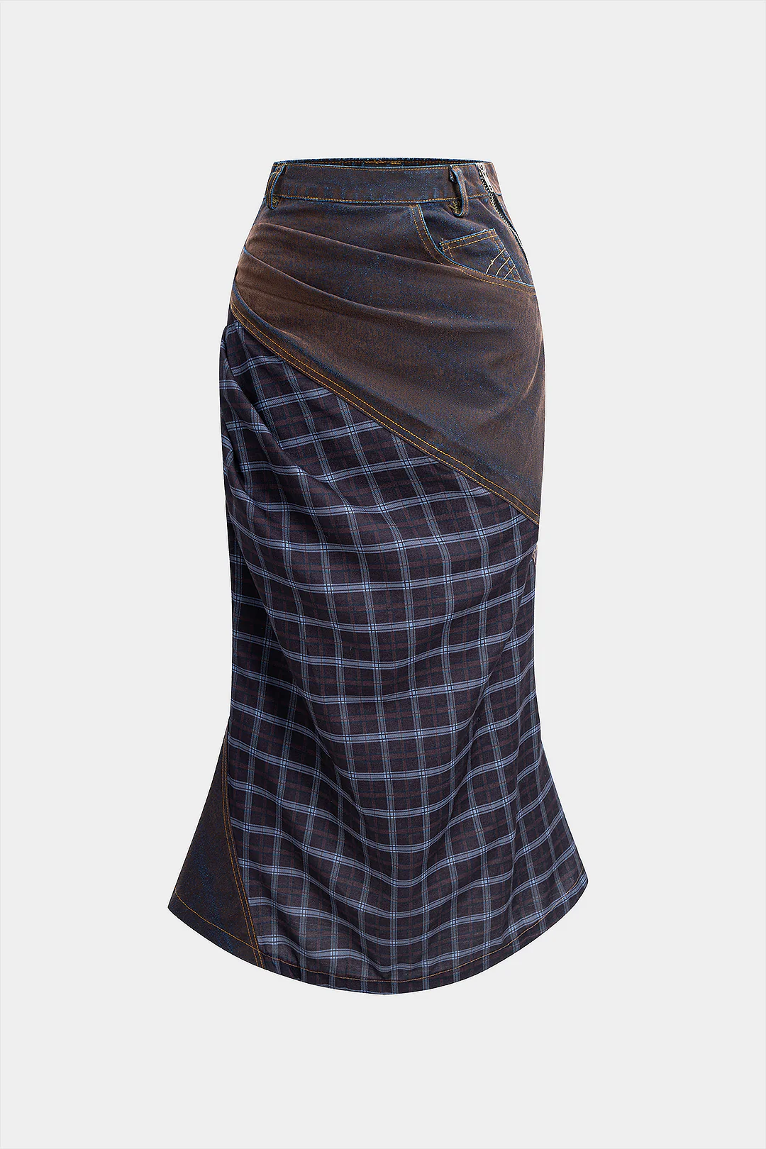 Denim Washed Plaid Print Patchwork Skirt - Weenar
