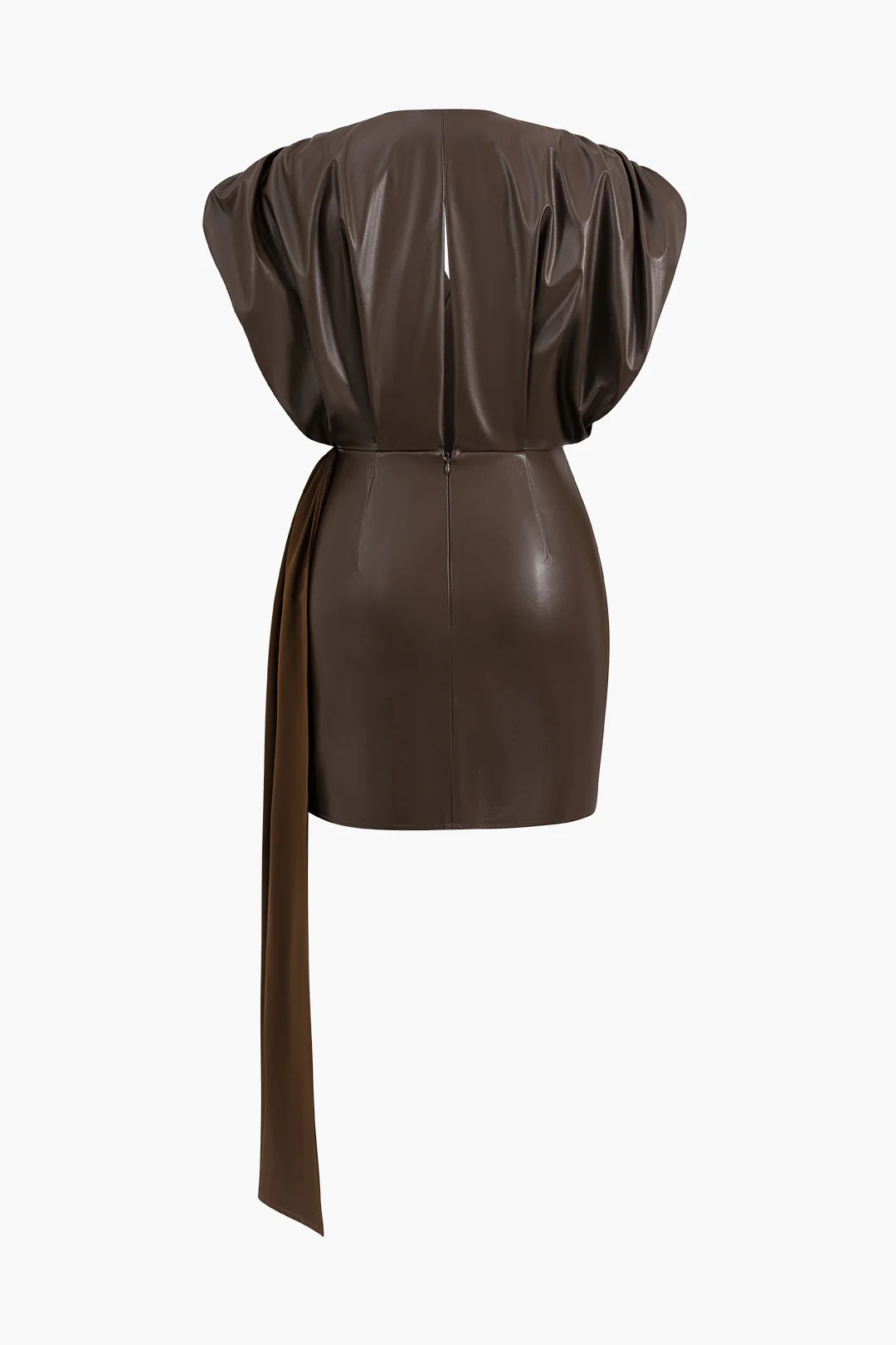 Faux Leather Ruched Zipper V-Neck Mini Dress - Weenar