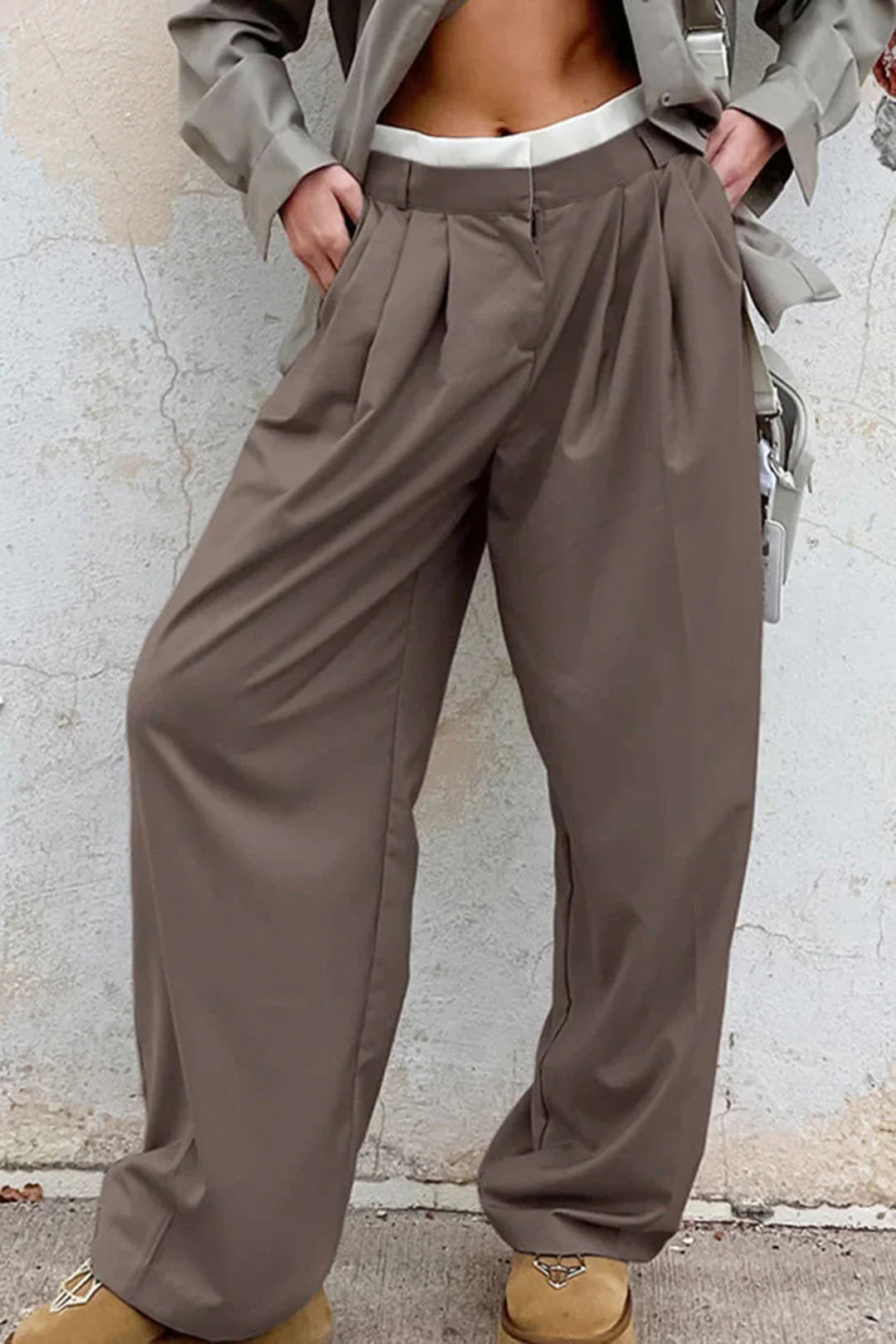 Contrast Double Waistband Pleated Straight Leg Pants - Weenar