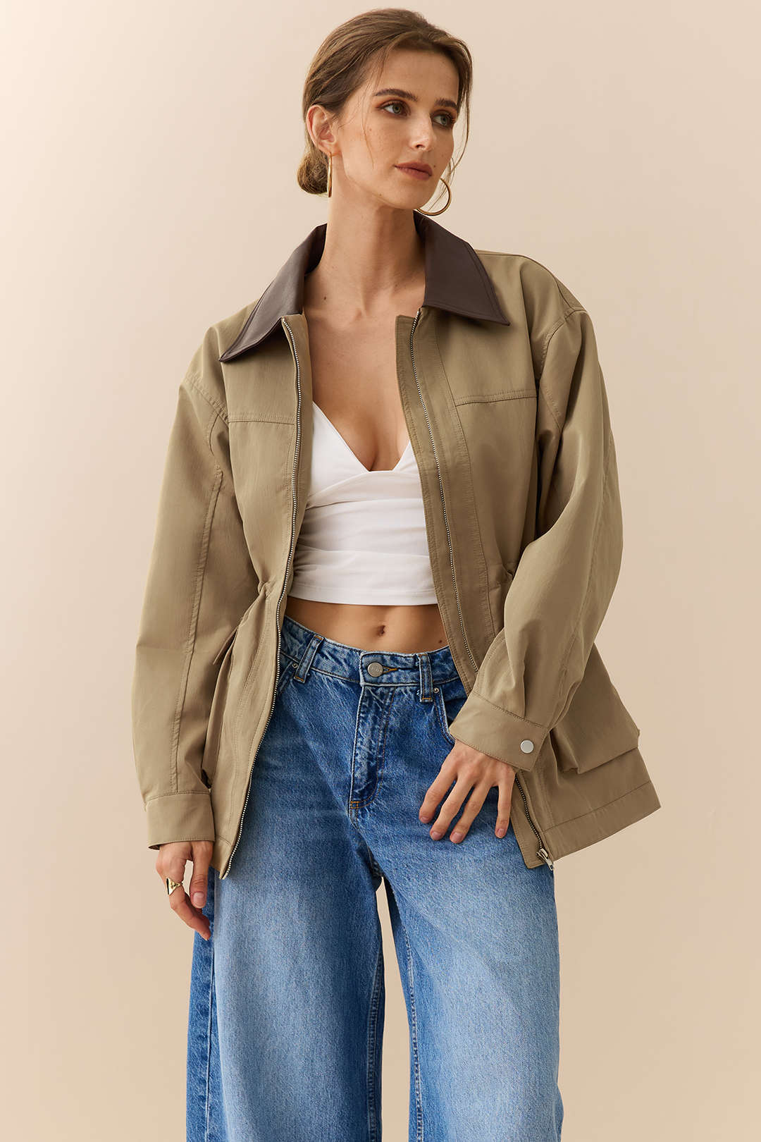 Faux Leather Patchwork Pocket Zipper Jacket - Weenar