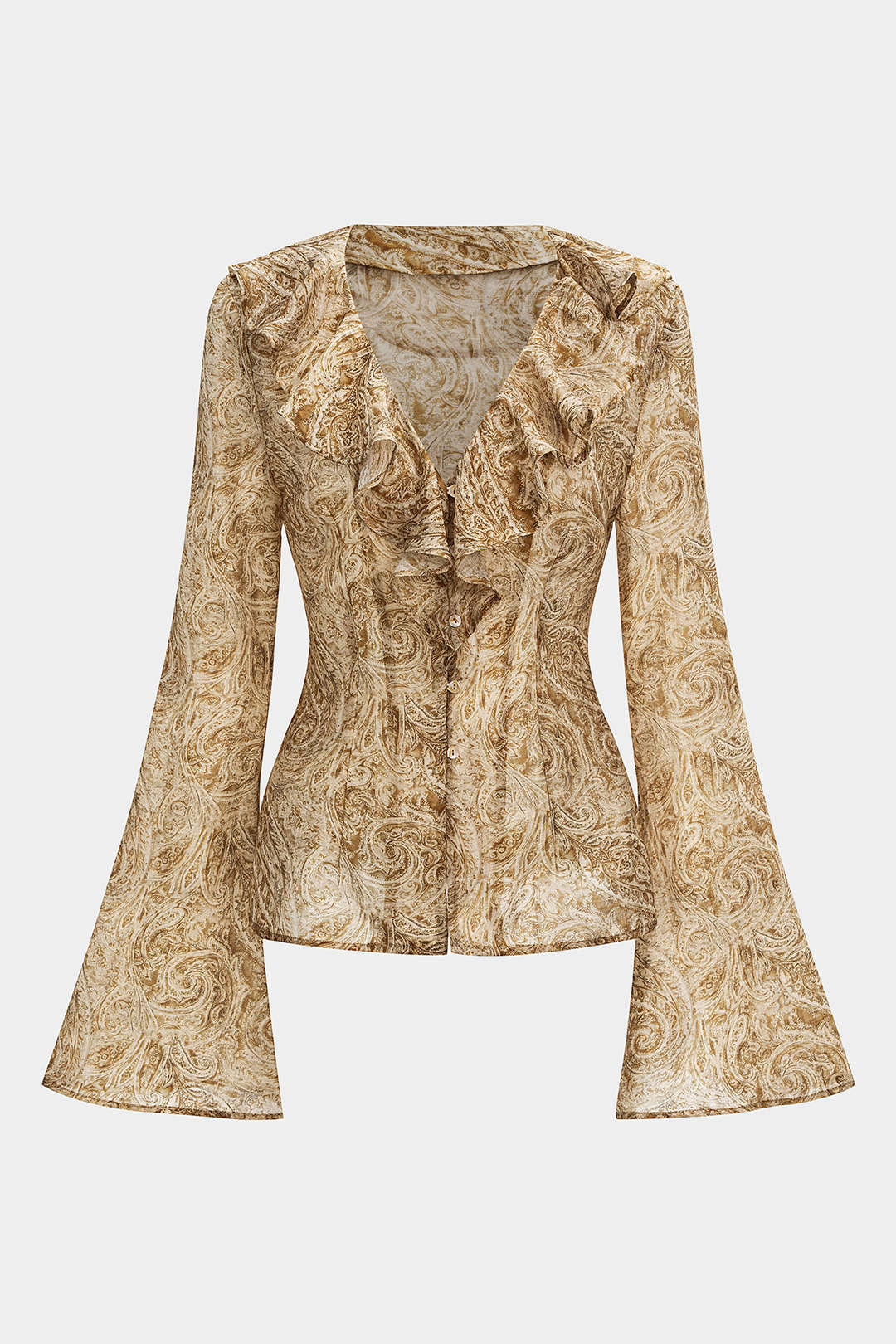 Abstract Print Ruffle Neck Long-Sleeve Shirt - Weenar