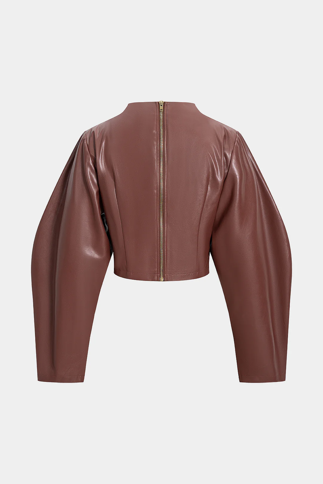 Faux Leather Ruched Zipper Long-Sleeve Shirt - Weenar