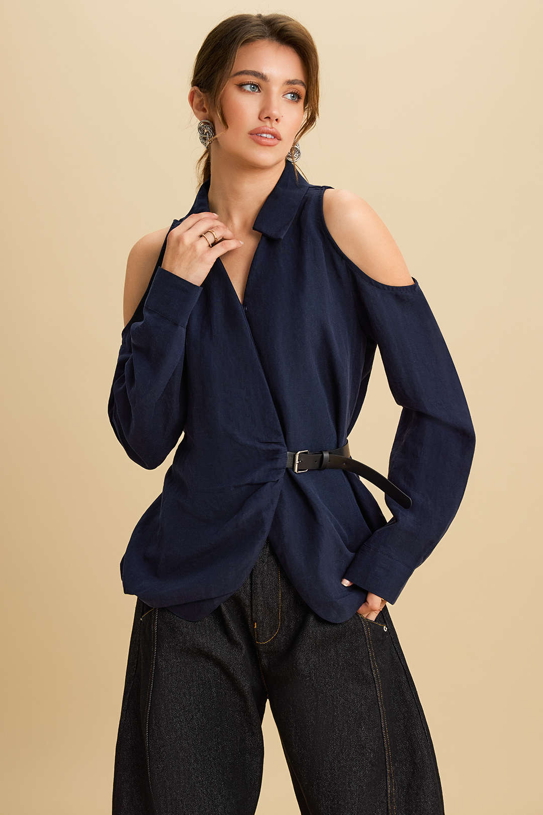 Linen Asymmetrical Belted Cut Out Long-Sleeve Shirt - Weenar