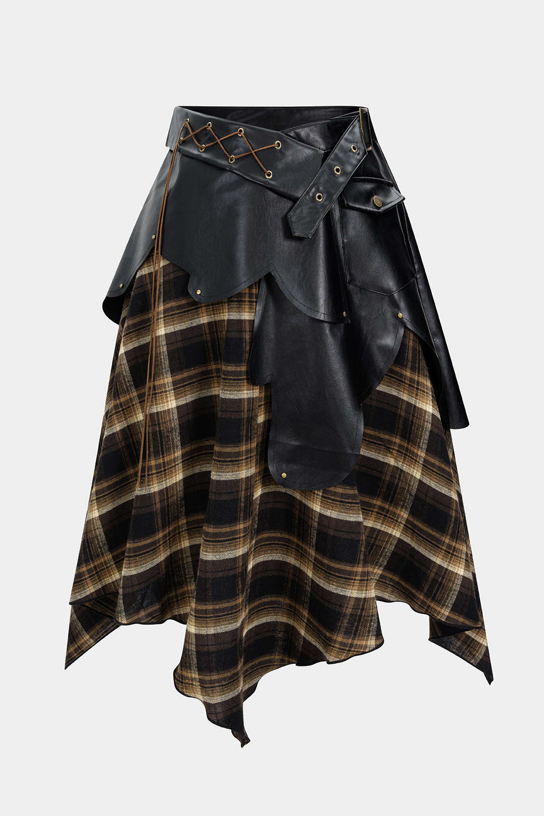 Plus Size Color Block Plaid Print Faux Leather Patchwork Tie-Up Asymmetrical Pocket Skirt - Weenar