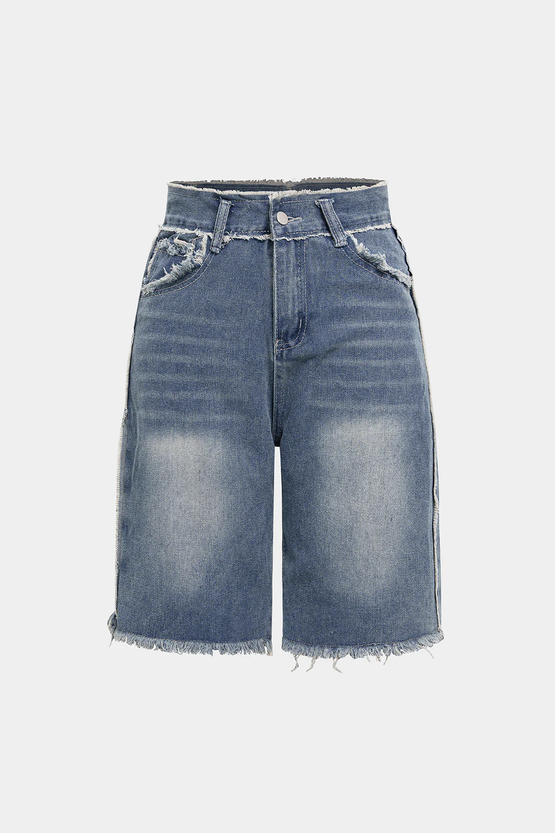 Denim Frayed High Waist Straight Leg Shorts - Weenar