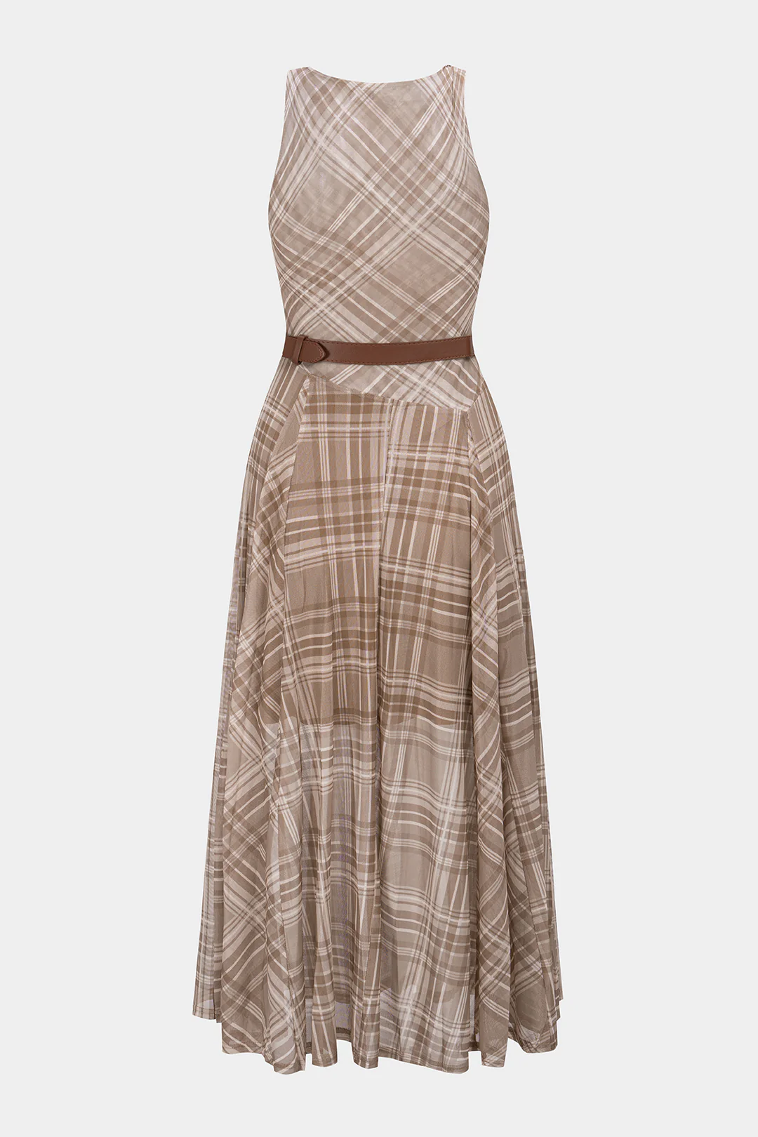 Plaid Print Mesh Twist Knot Round Neck Belted Sleeveless Midi Dress - Weenar