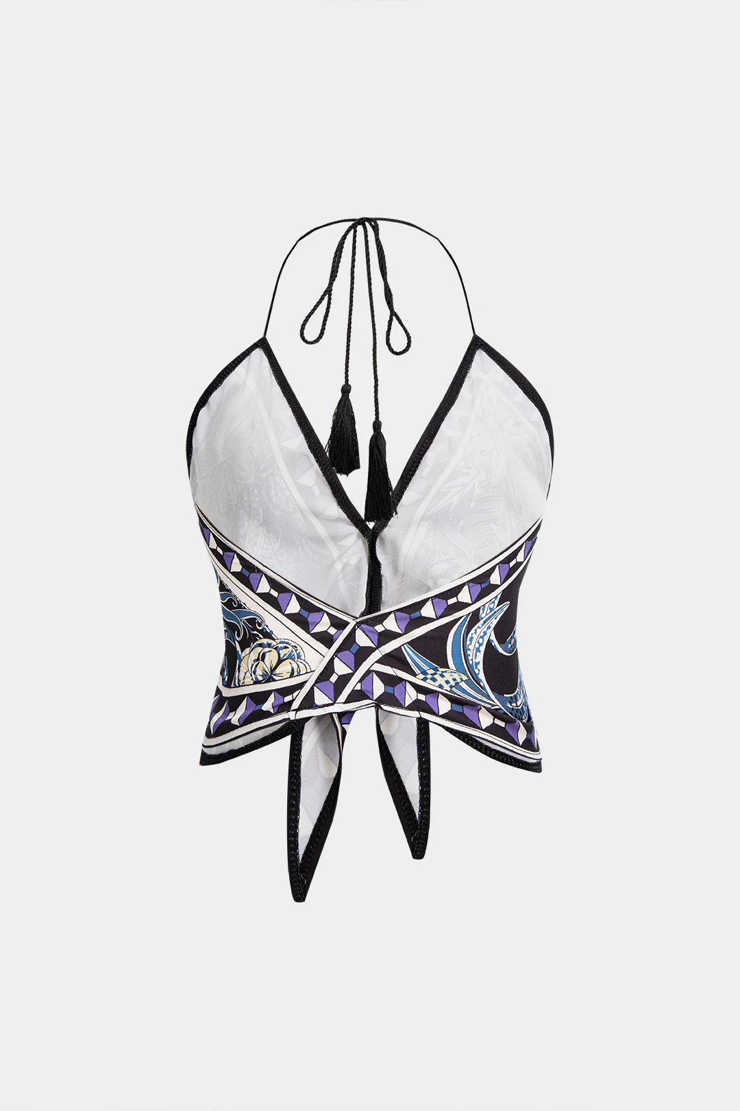 Geometric Leaves Print Halter V-Neck Tie-Up Cami Top - Weenar