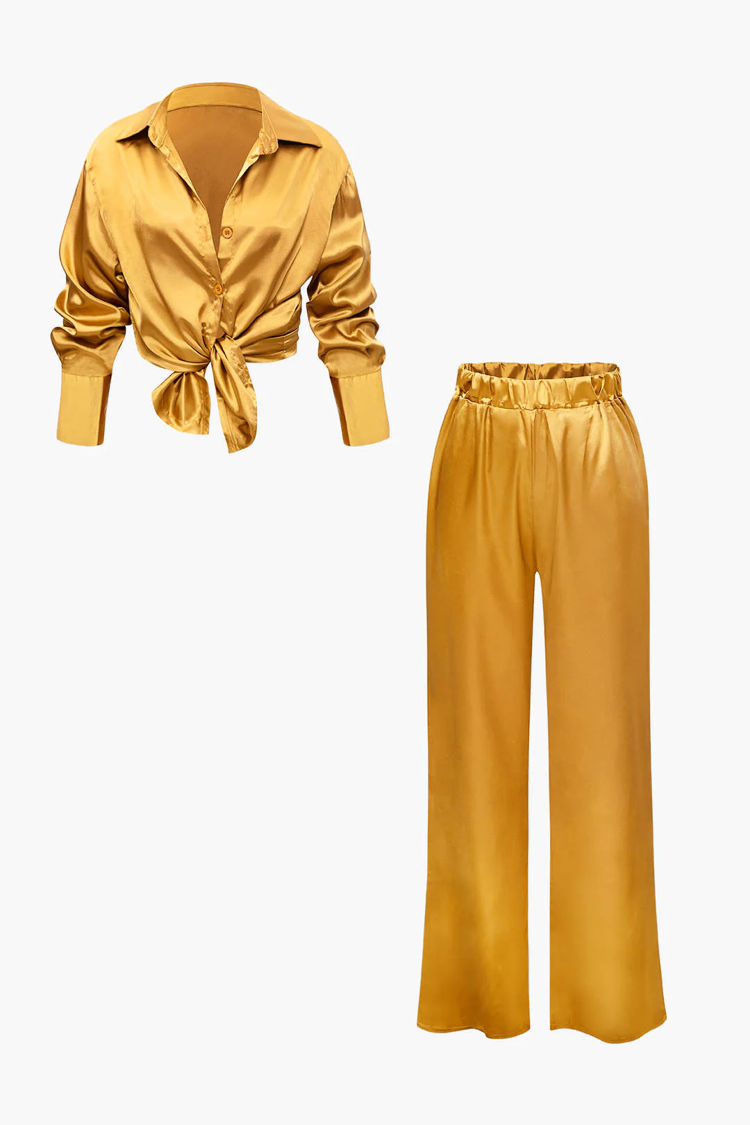 Satin Button Up Long Sleeve Shirt And Pants Set - Weenar