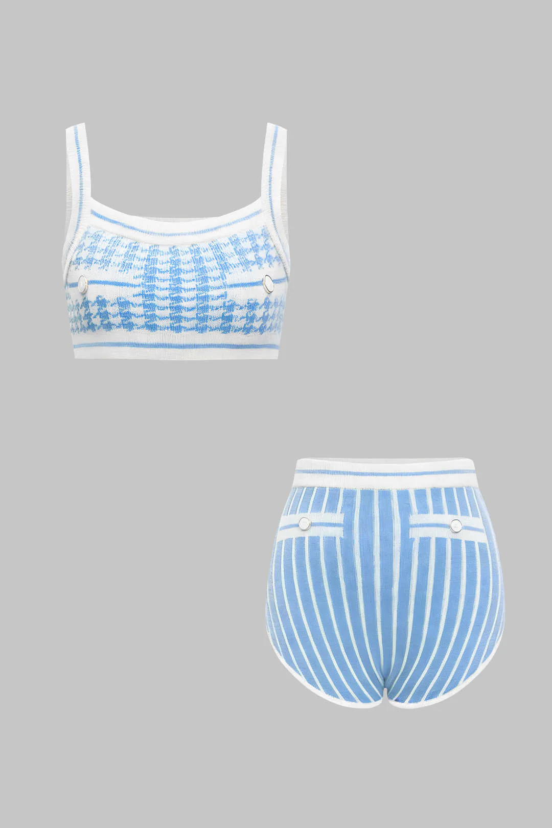 Knit Contrast Plaid Houndstooth Print Cami Top And Shorts Set - Weenar