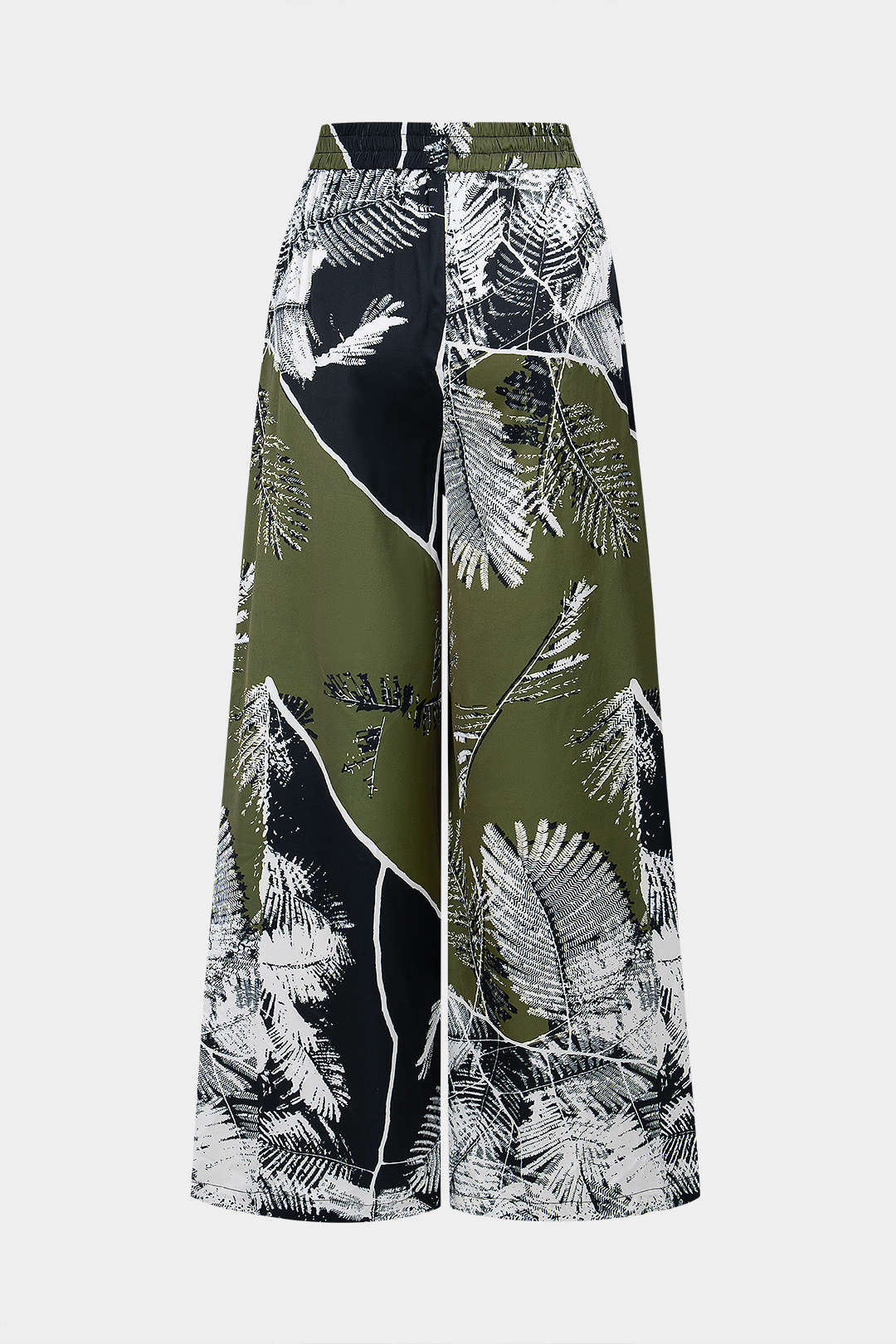 Leaves Contrast Print Satin Shirred Waistband Wide Leg Pants - Weenar