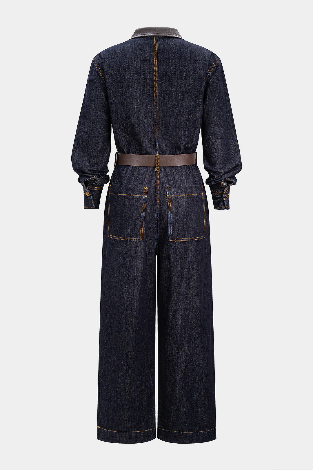 Denim Faux Leather Patchwork Belted Long-Sleeve Jumpsuit - Weenar