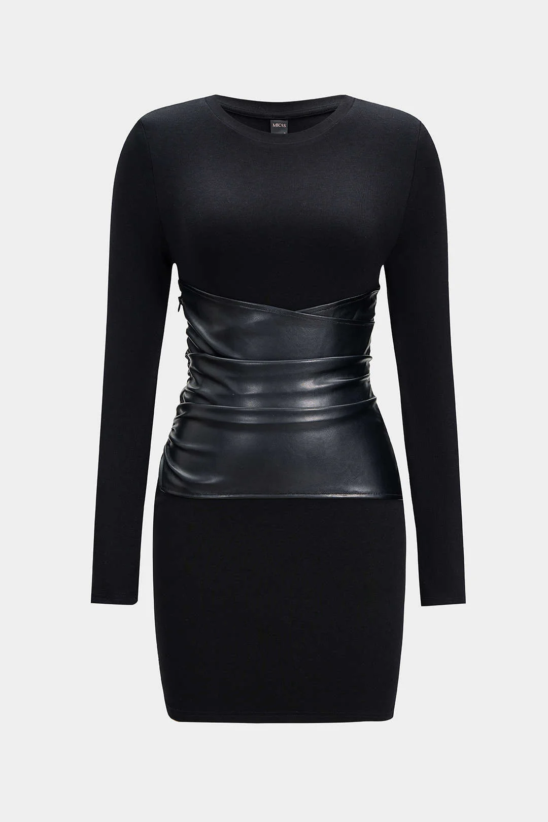 Faux Leather Patchwork Long Sleeve Mini Dress - Weenar