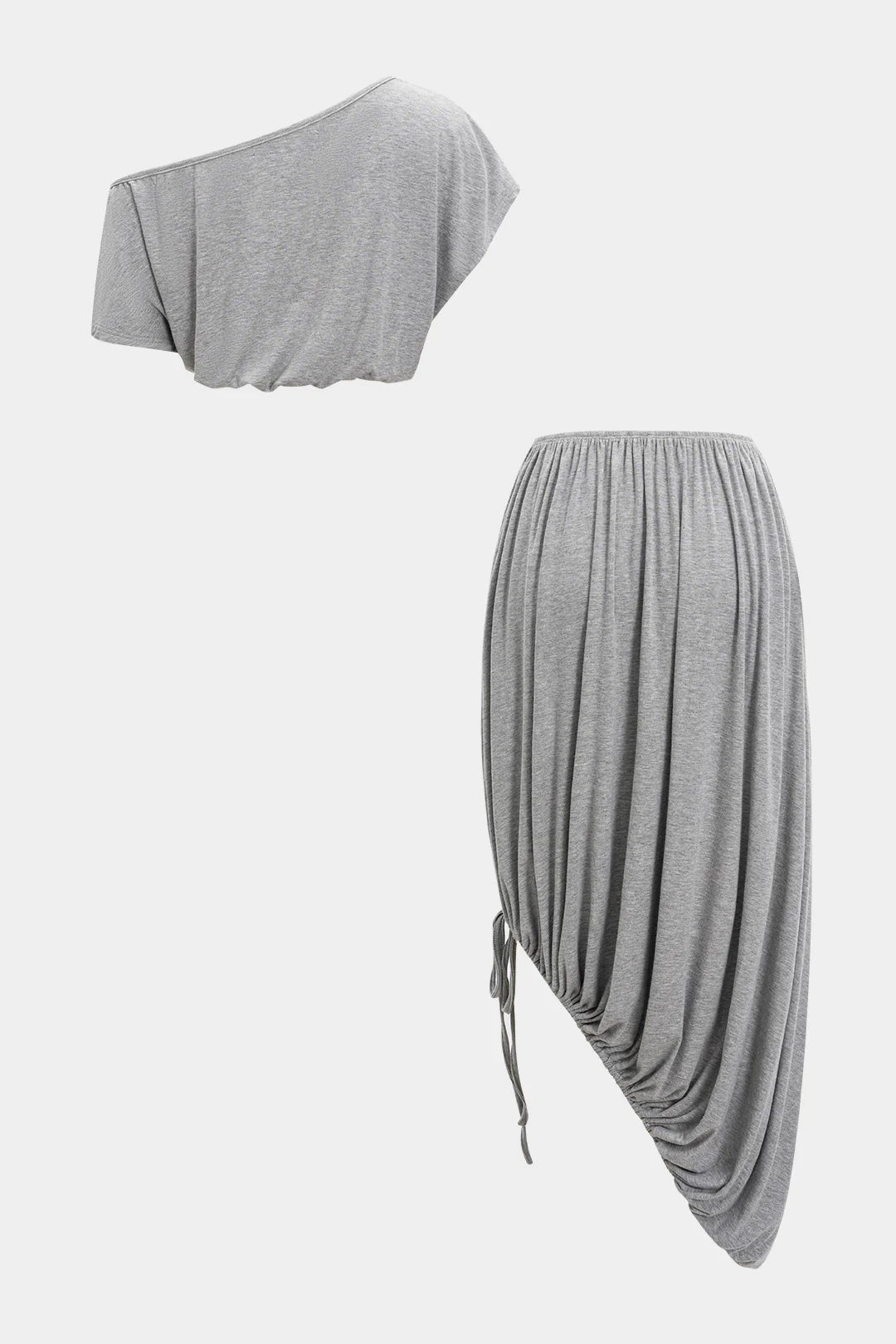 Ruched Asymmetrical Neck Short-Sleeve Top And Drawstring Skirt Set - Weenar