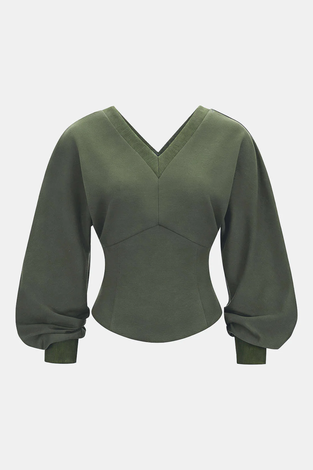 Solid V-Neck Waist-Cinching Sweatshirt - Weenar