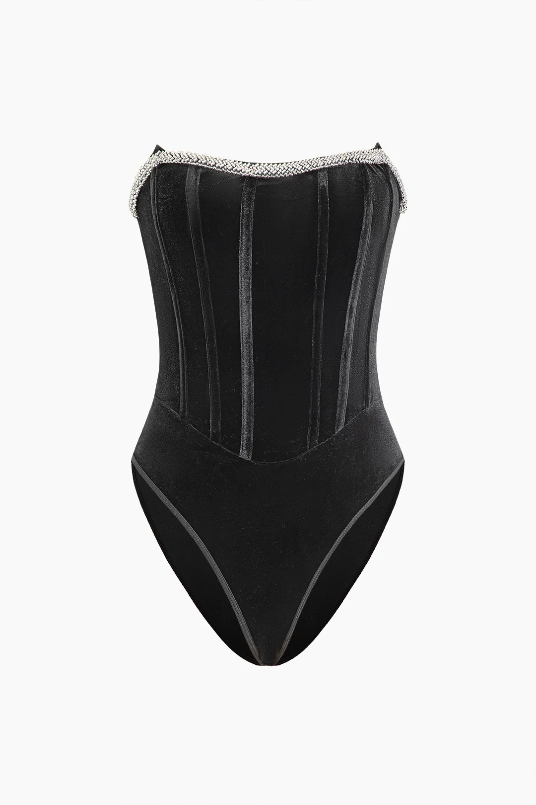 Velvet Rhinestone Decor Strapless Sleeveless Bodysuit - Weenar
