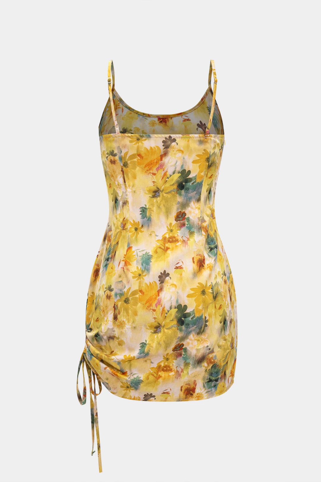 Floral Print Tie Side Ruched Sleeveless Mini Dress - Weenar
