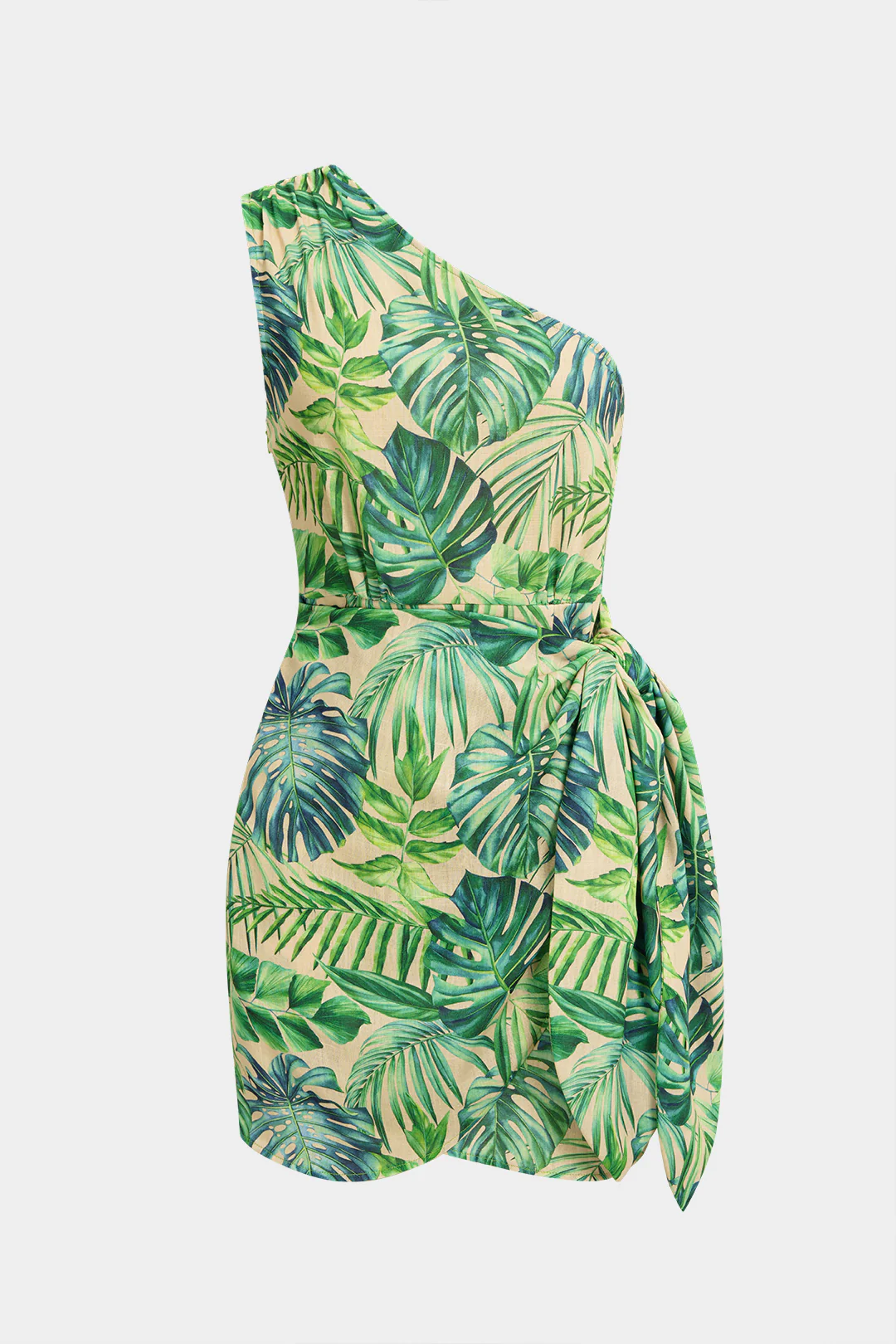 Leaves Print One Shoulder Tie-Up Ruched Sleeveless Mini Dress - Weenar