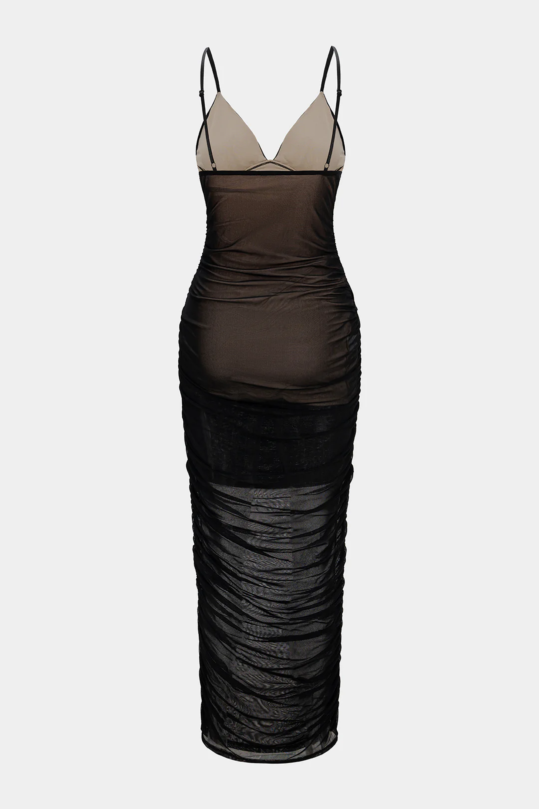 Mesh V-Neck Backless Ruched Slip Sleeveless Midi Dress - Weenar