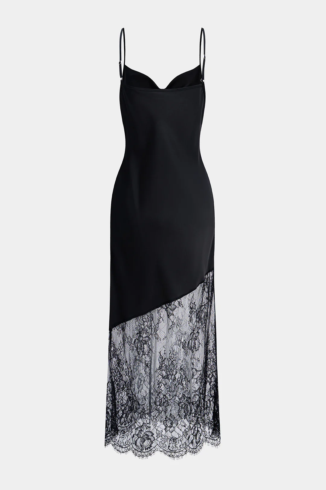 Satin Patchwork Lace Draped Cowl Neck Asymmetrical Sleeveless Slip Midi Dress - Weenar