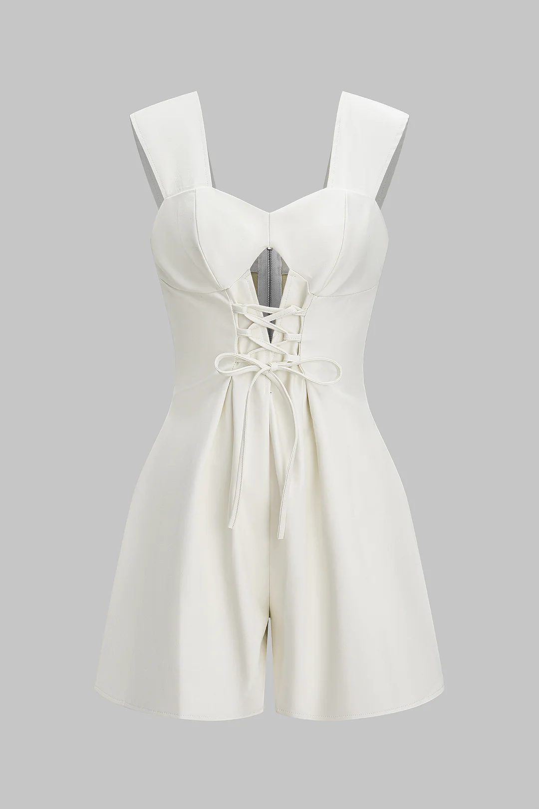 Faux Leather Bustier Tie-Up Zipper Sleeveless Romper - Weenar