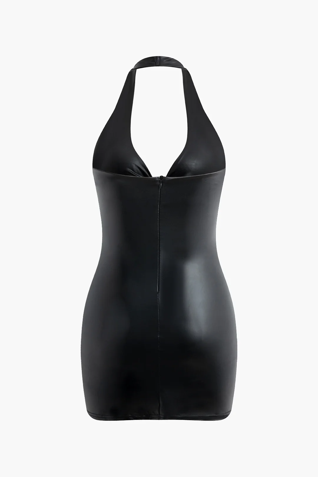 Faux Leather Halter Neck Bow Cut Out Backless Sleeveless Mini Dress - Weenar