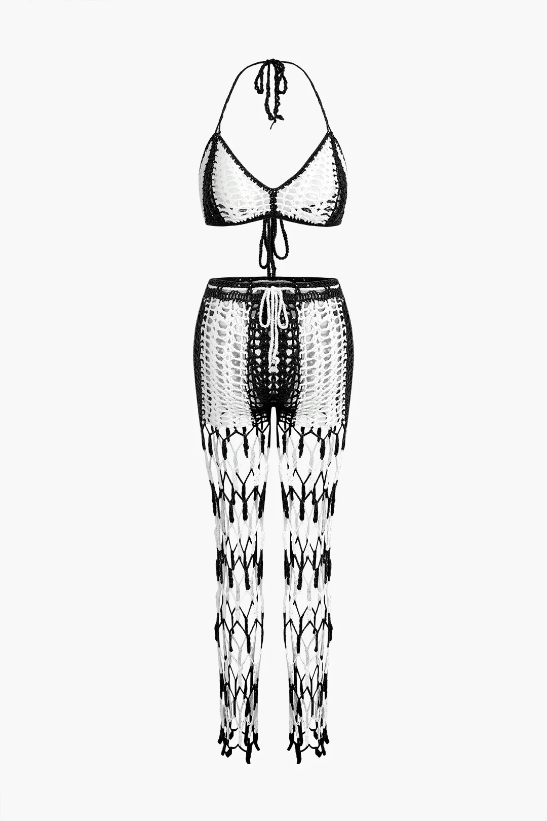 Knit Fringe Halter Neck Tie Up Cut Out Backless Cami Top And Drawstring Pants Set - Weenar