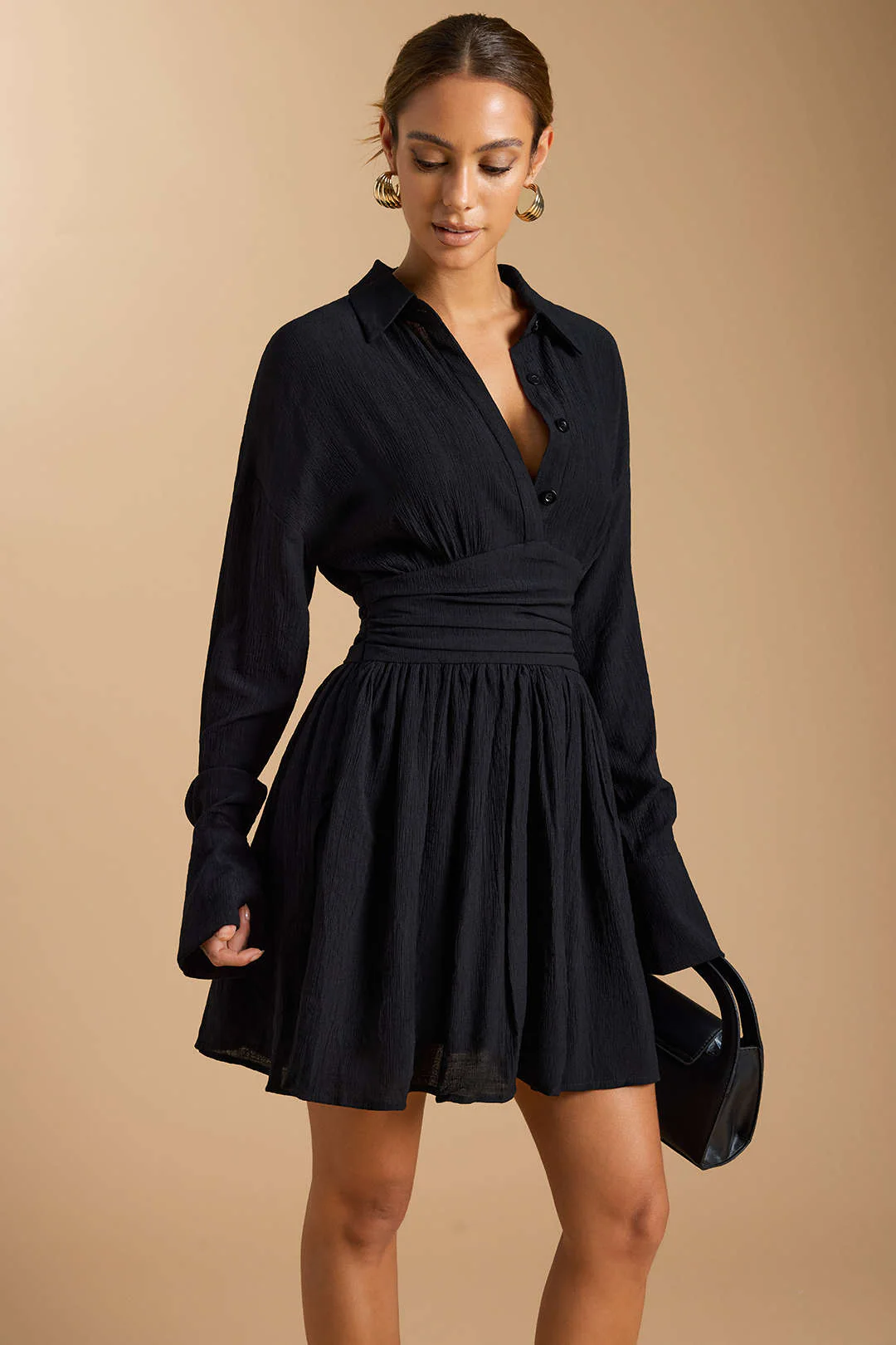 Button Ruched Long Sleeve Mini Dress - Weenar