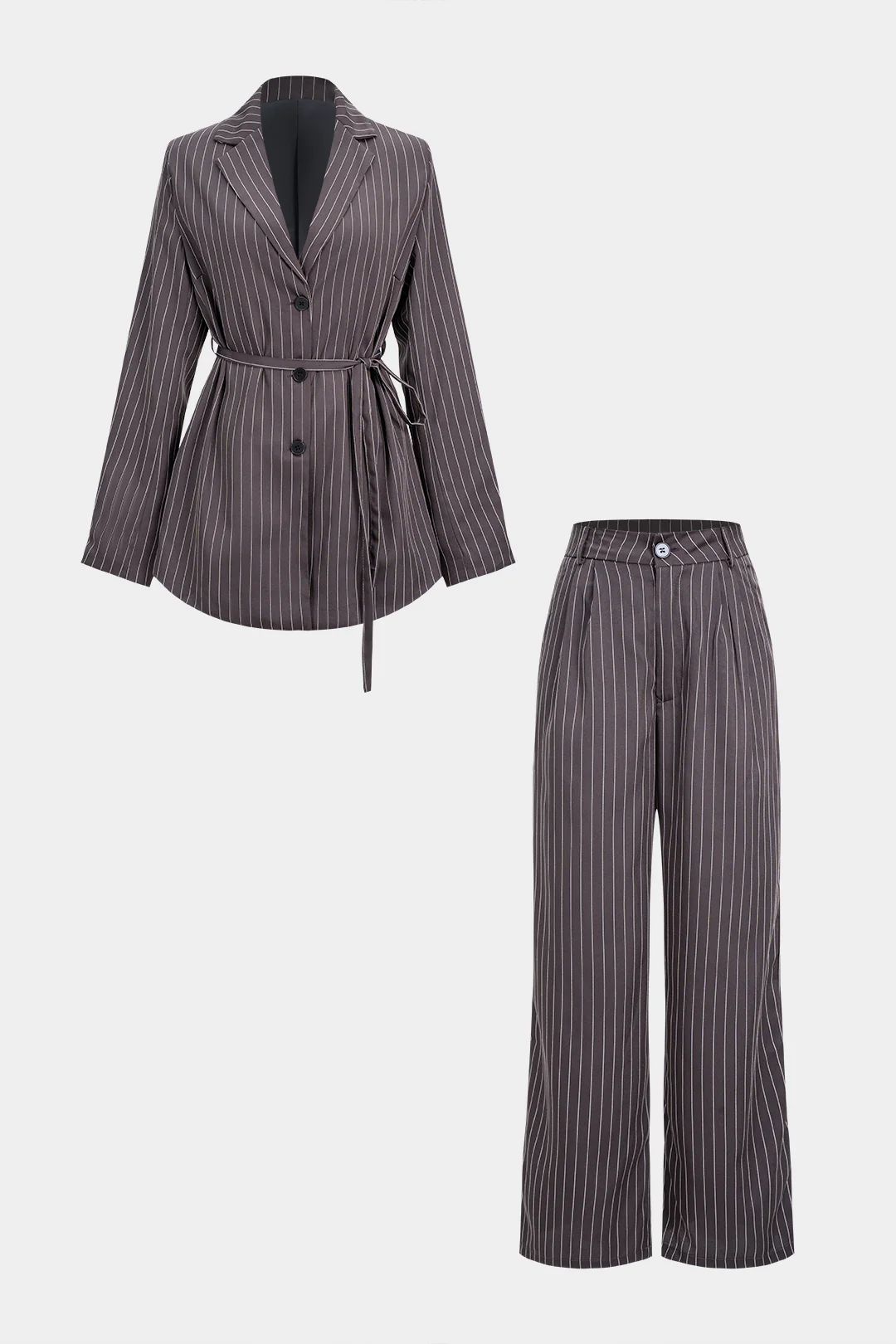 Stripes Print Notched Lapel Belted Blazer And Straight Leg Pants Set - Weenar