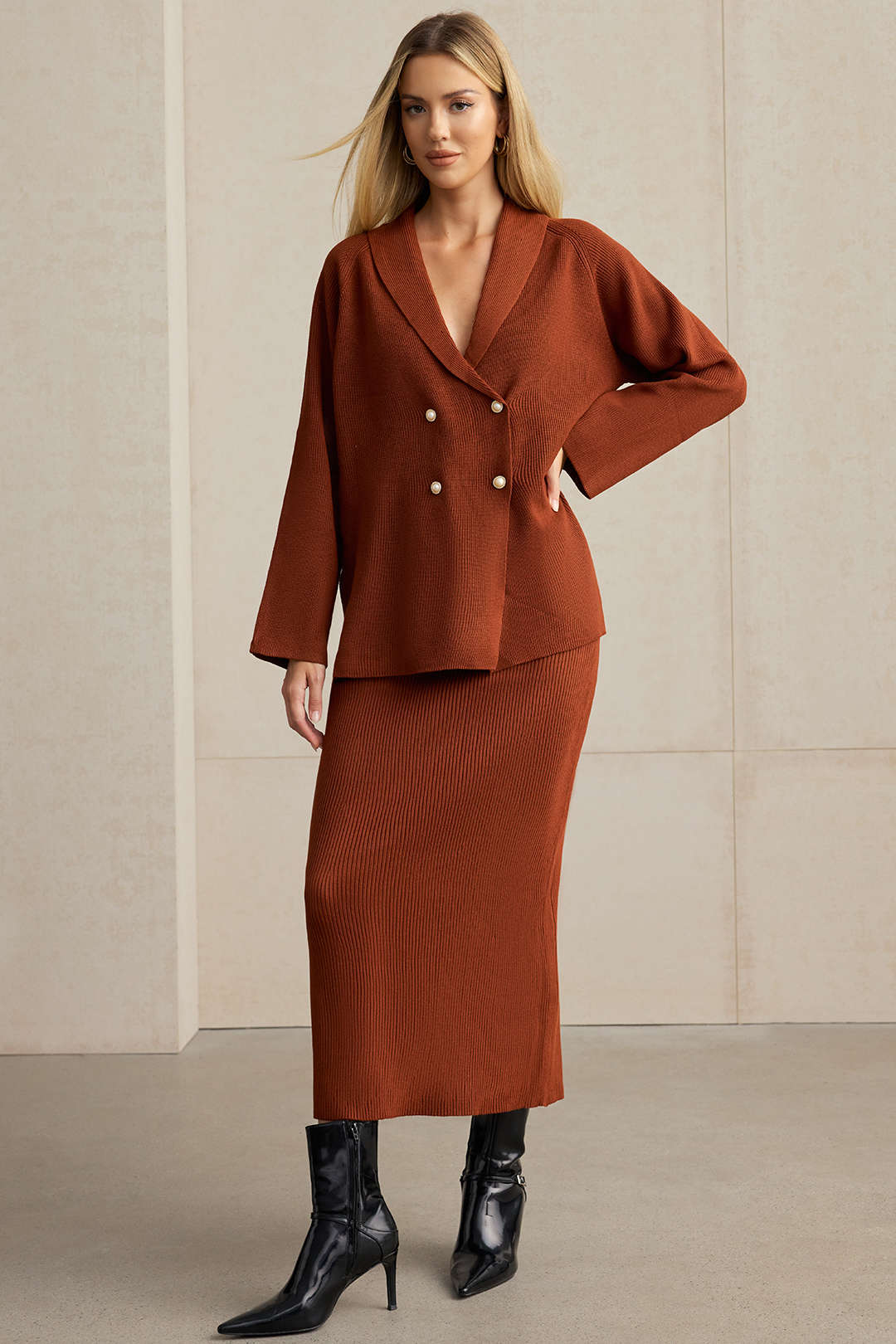 Knit Double-Breasted Lapel Cardigan And Skirt Set - Weenar